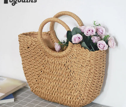 Sac Panier Paille Tressé Semi-Lune Rigide