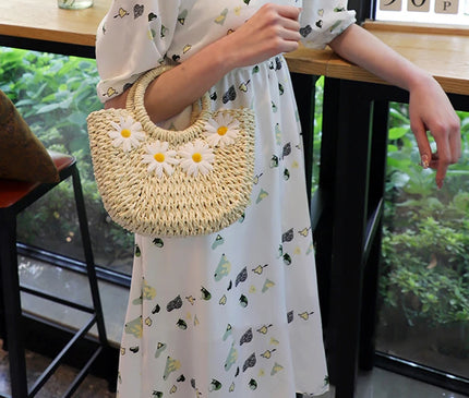 Sac Panier Paille Tressé Marguerites Bohème