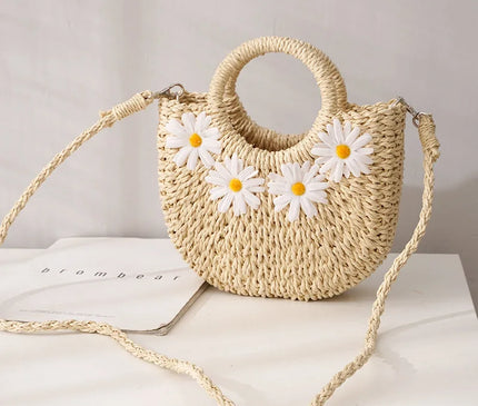 Sac Panier Paille Tressé Marguerites Bohème