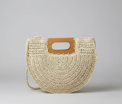 Sac Panier Paille Demi-Lune Anse Bois