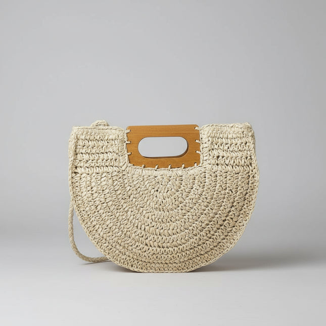 Sac Panier Paille Demi-Lune Anse Bois